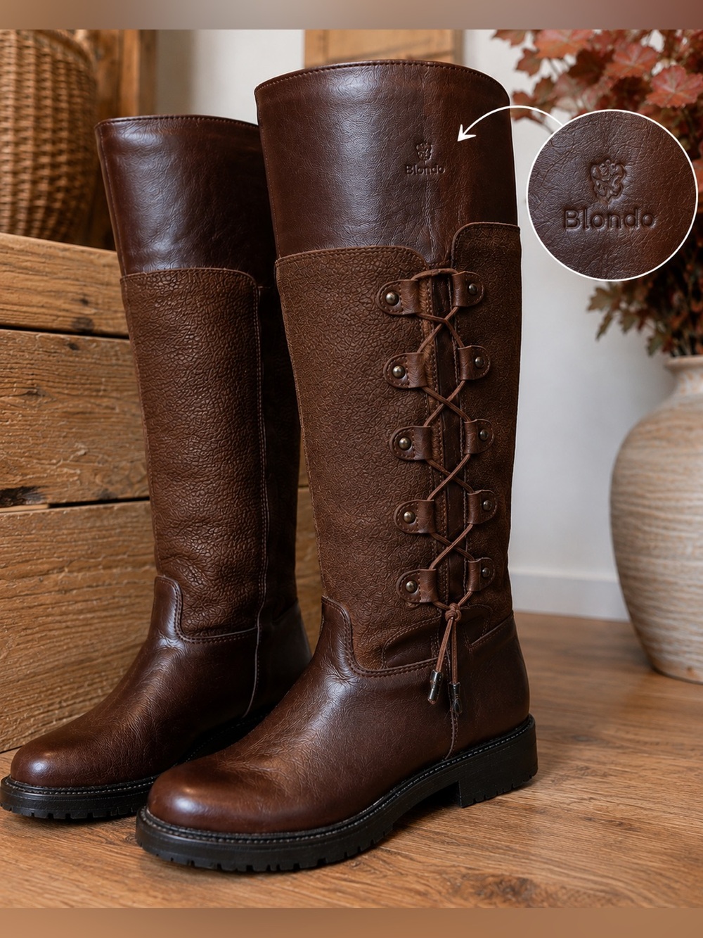 RARE Vintage Blondo Made in Canada Brown Leather Suede Tall Lace Riding Boots 7B